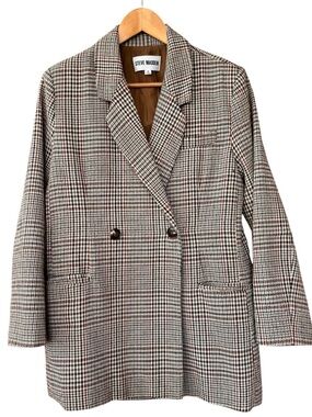 Steve Madden Stella Houndstooth Check Wool Blend Blazer Tan Brown Ivory Small